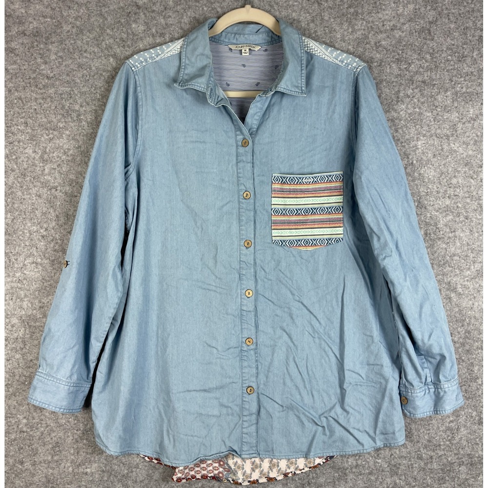 John Mark Tunic Top Womens Medium Blue Button Up Mixed Media Roll Tab Boho Artsy